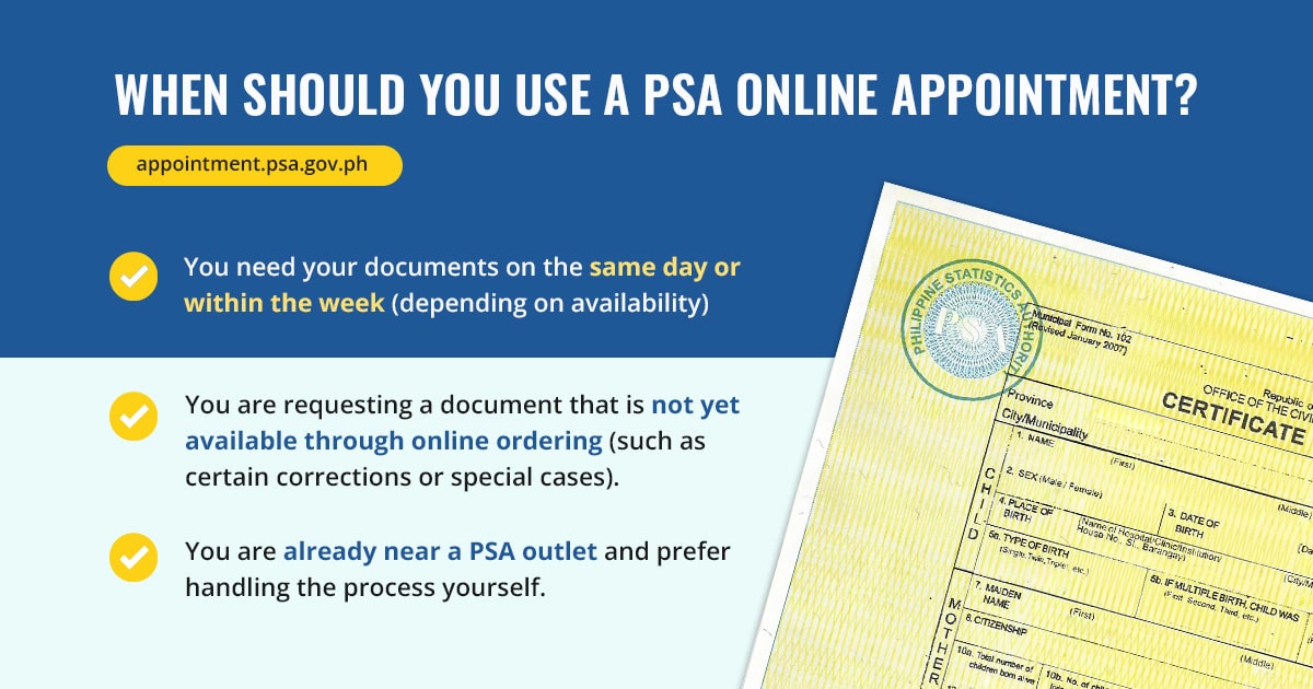 Book a PSA online appointment for in-person visits: Apply for PSA certificates, make corrections, or special processing